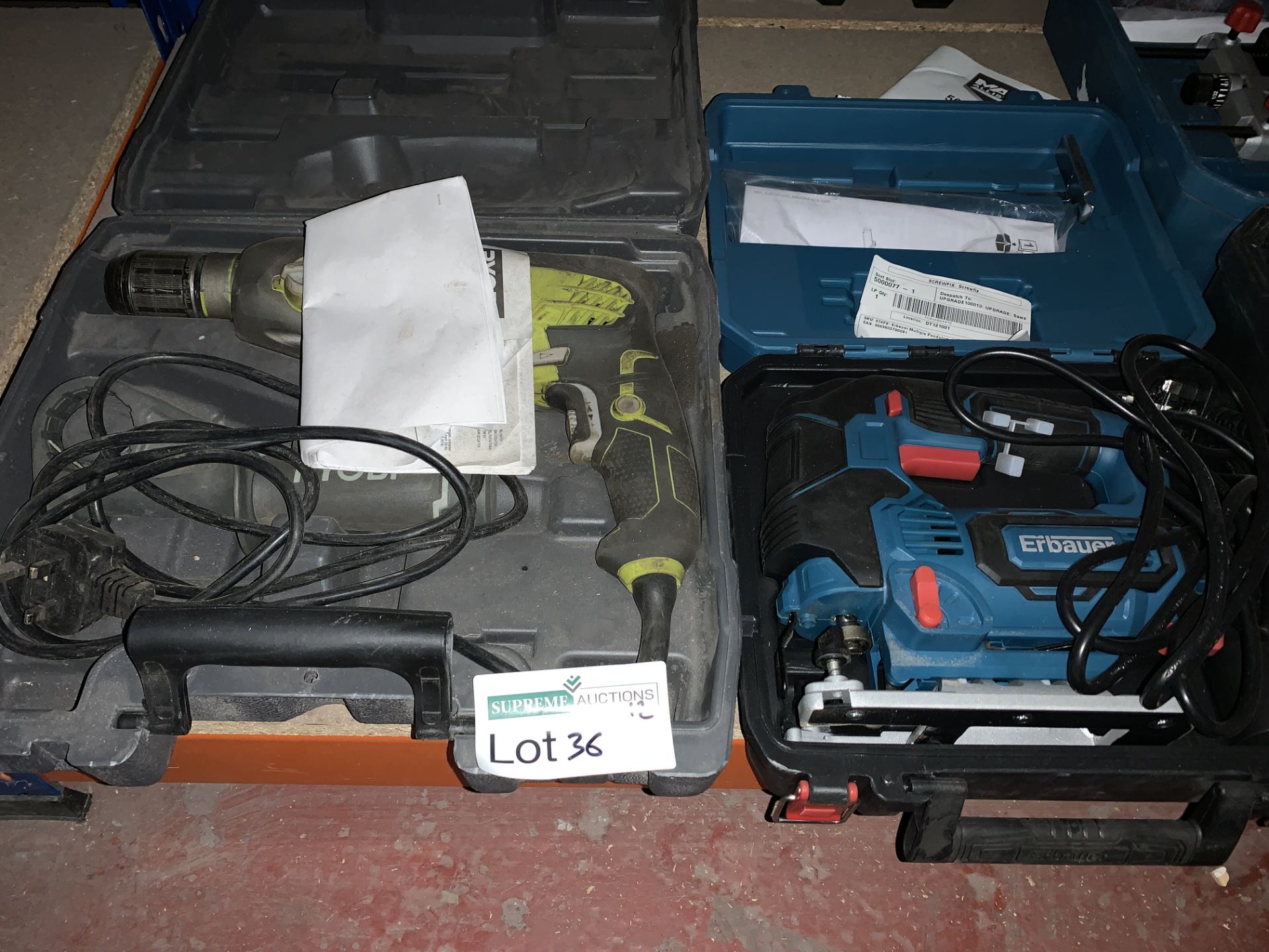 TOOL LOT INCLUDING RYOBI SDS DRILL AND ERBAUER JIGSAW COMES WITH CARRY CASES (UNCHECKED, UNTESTED)