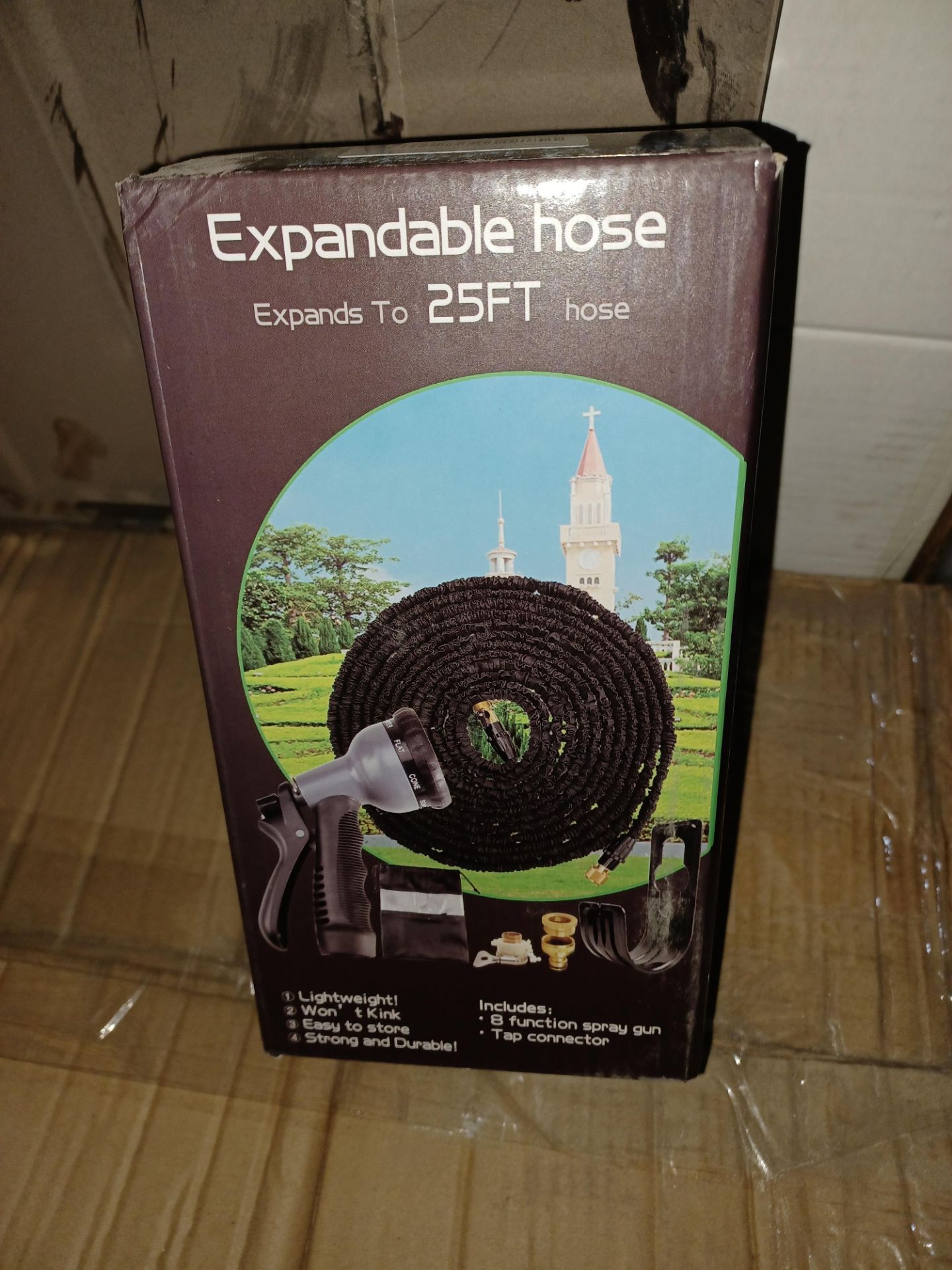 5 X NEW BOXED 25 FOOT EXPANDABLE HOSE SETS. INCLUDES TAP CONNECTOR, 25 FOOT HOSE & 8 FUNCTION