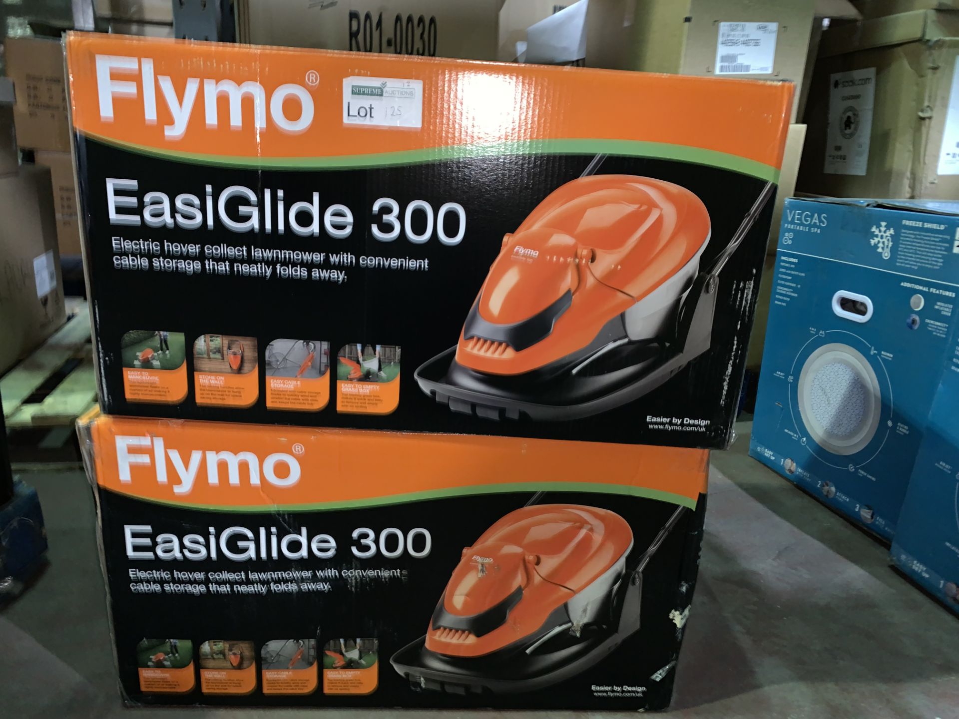2 X BOXED FLYMO EASIGLIDE 300 ELECTRIC HOVER LAWN MOWER UNCHECKED/UNTESTED