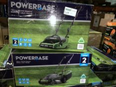 2 X BOXED POWERBASE 32CM 40W ELECRTIC CYLINDER LAWN MOWER & 32CM 1200W ELECTRIC ROTARY LAWN MOWER