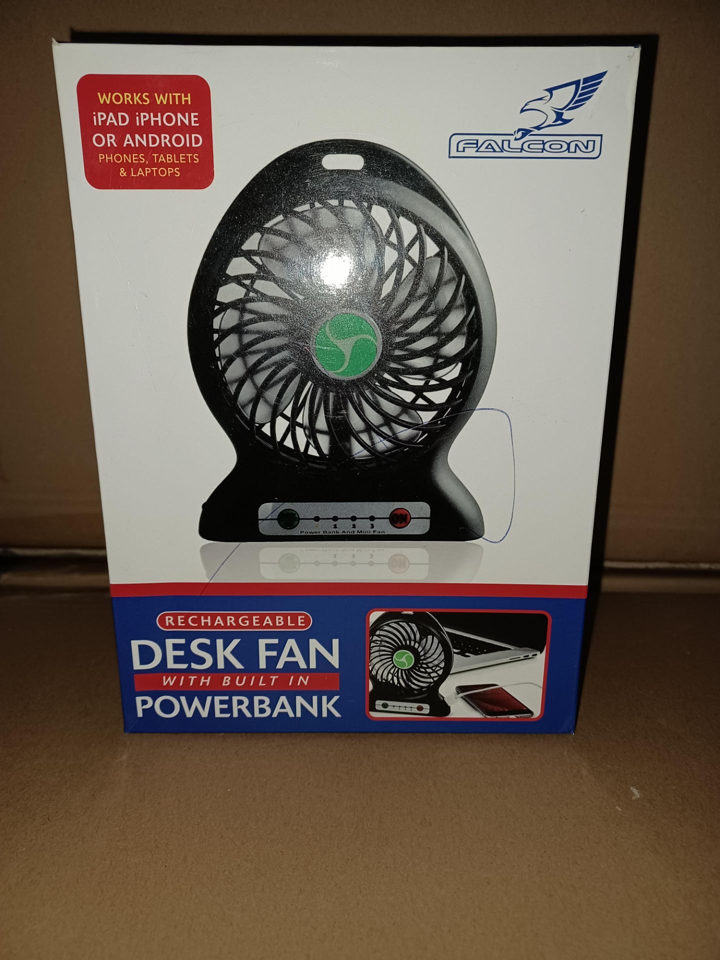 12 X BRAND NEW FALCON RECHARGEABLE DESK FANS WITH BUILT IN POWERBANKS R19