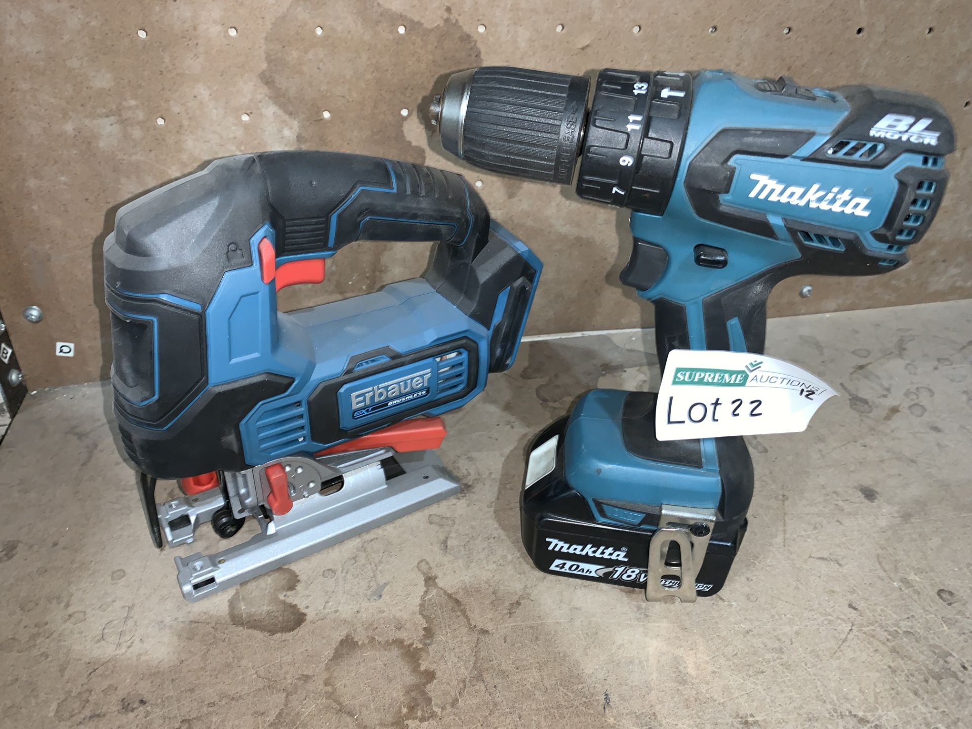 TOOL LOT INCLUDING MAKITA DRILL WITH BATTERY AND ERBAUER JIGSAW (UNCHECKED, UNTESTED) PCK