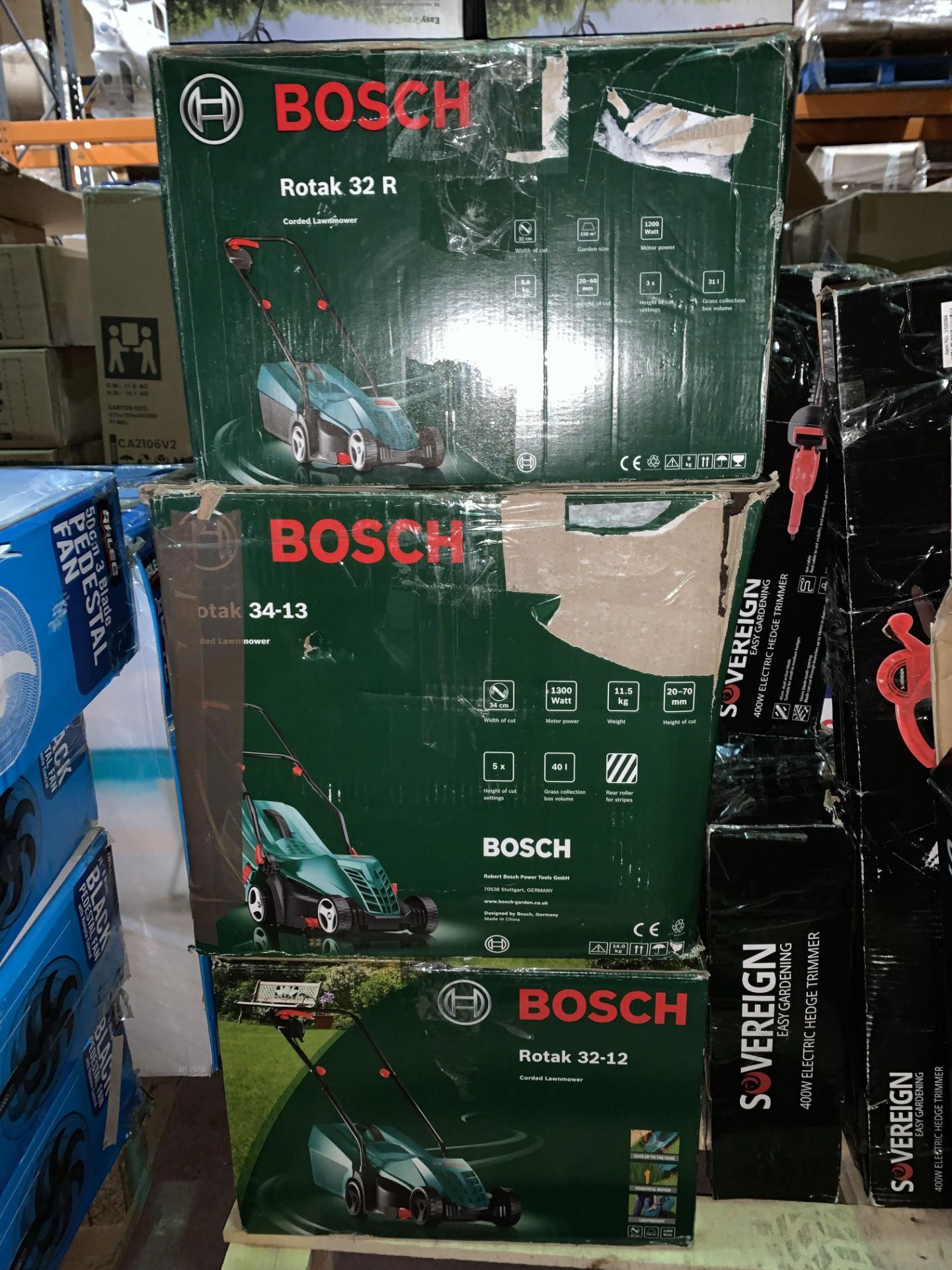 3 X BOSCH ROTAK LAWNMOWERS INCLUDES 32-12 CORDED, 34-13 CORDED & 32R CORDED LAWNMOWER UNCHECKED/