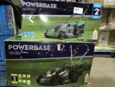 2 X BOXED POWERBASE 41CM 1800W ELECTRIC ROTARTY LAWN MOWER & 40CM 40V CORDLESS LAWN MOWER