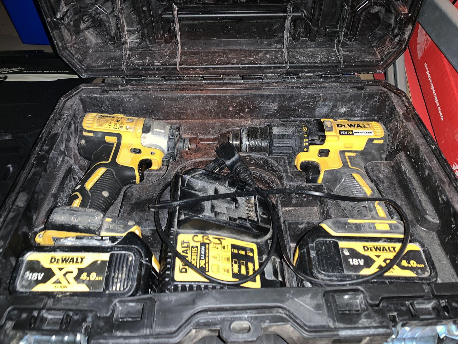 DEWALT BRUSHLESS TWIN PACK INCLUDES 1 DRILL, 1 IMPACT DRIVER, CHARGER, 2 BATTERIES AND CARRY CASE