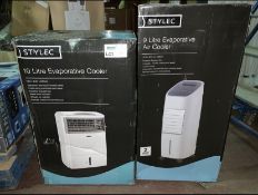 2 X BOXED STYLEC 9 LITRE EVAPORATIVE AIR COOLER POWERFUL 3 SPEED FAN REMOTE CONTROLLED 3 MODES &