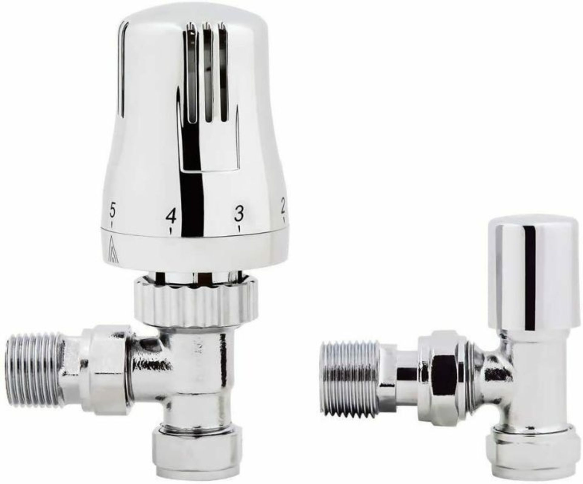 New Chrome Thermostatic Control Angled Designer Radiator Valves Pair 15mm - New. Ra07A RRP £49.99