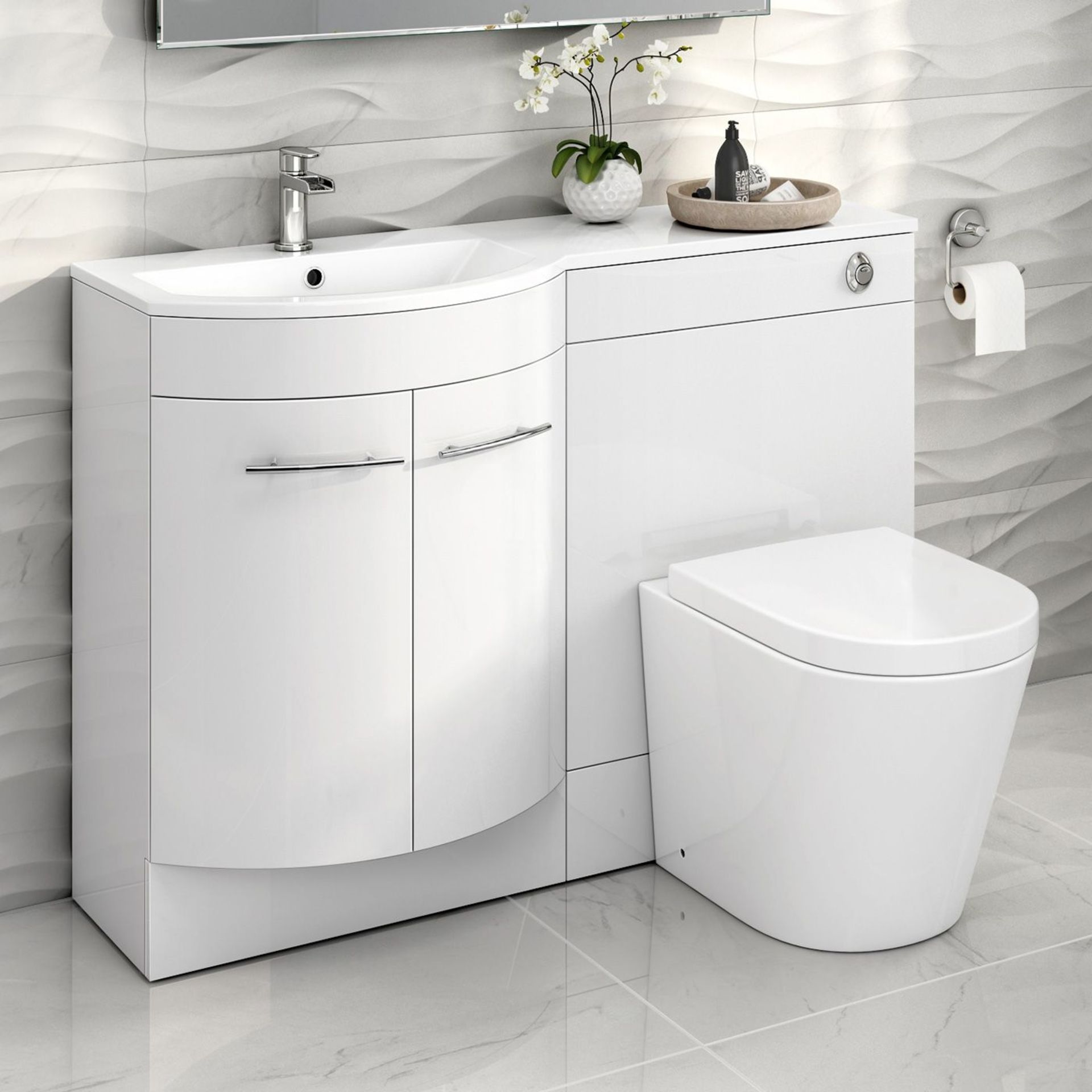 New Boxed 1200mm Alexis White Gloss Left Hand Vanity Unit Florence Back To Wall Pan. RRP £999.99.