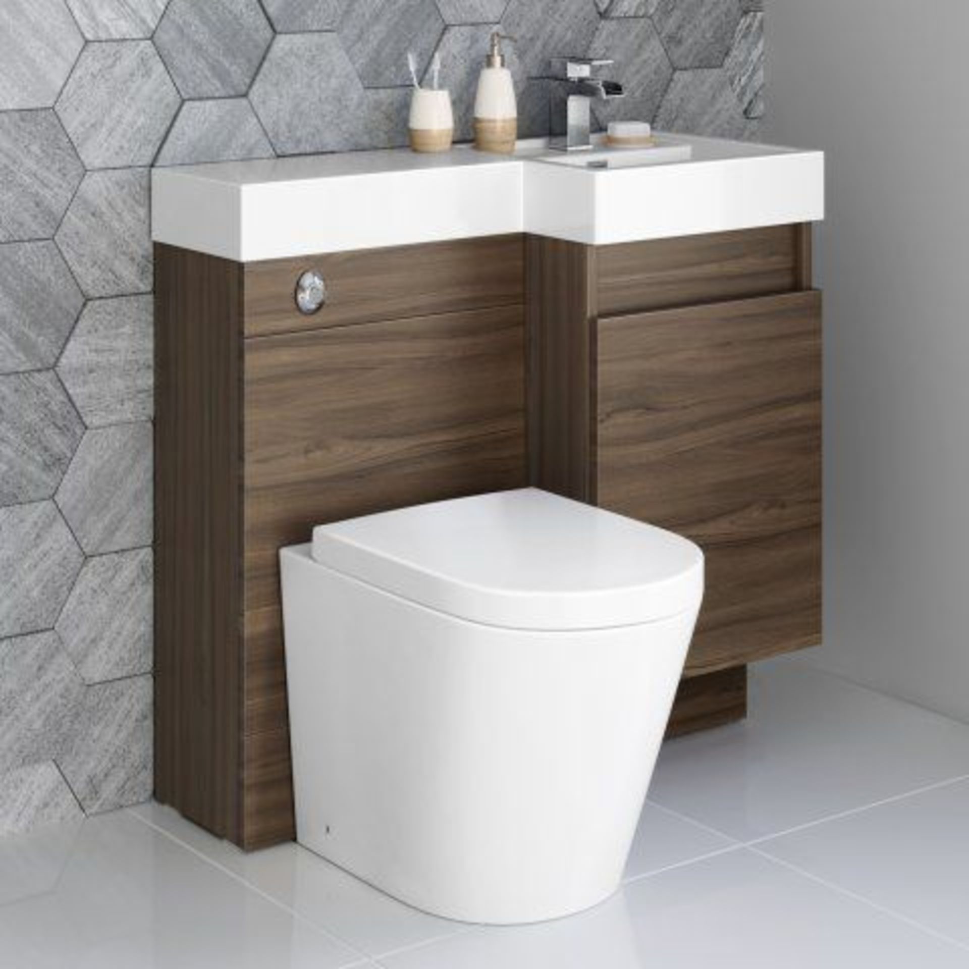 NEW & BOXED 906mm Olympia Walnut Effect Drawer Vanity Unit Right with Lyon Pan FULL SET. RRP £999.