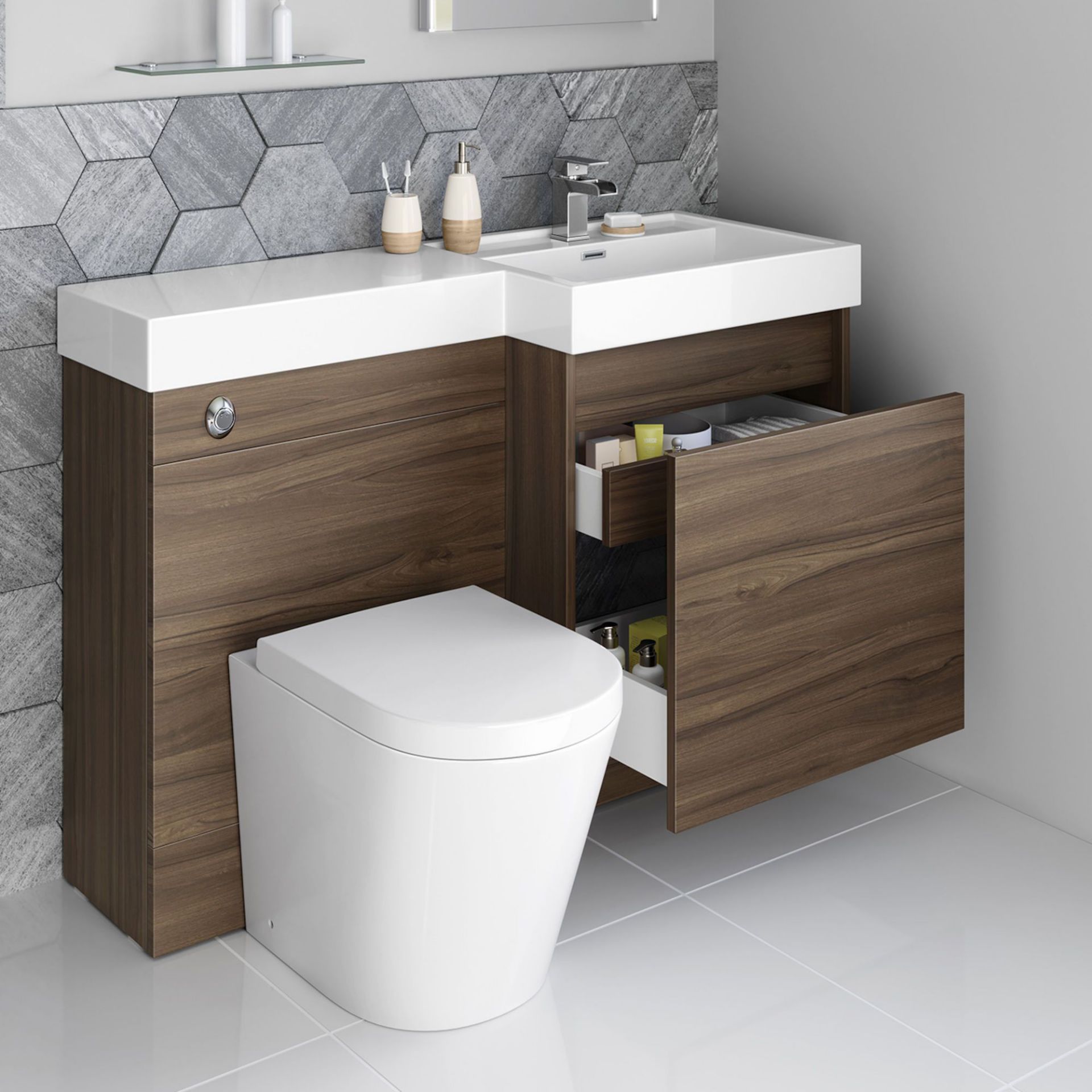 NEW & BOXED 906mm Olympia Walnut Effect Drawer Vanity Unit Right with Lyon Pan FULL SET. RRP £999. - Image 3 of 3