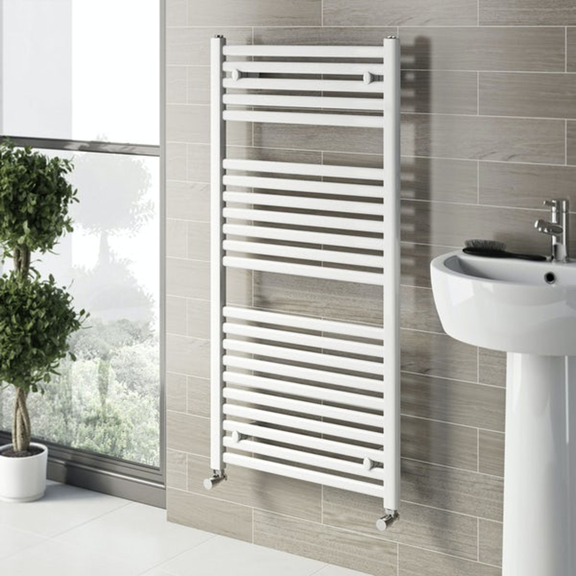 (Q38) TOWEL RADIATOR 1200 X 600MM WHITE 2101BTU. High quality powder-coated steel construction. Flat