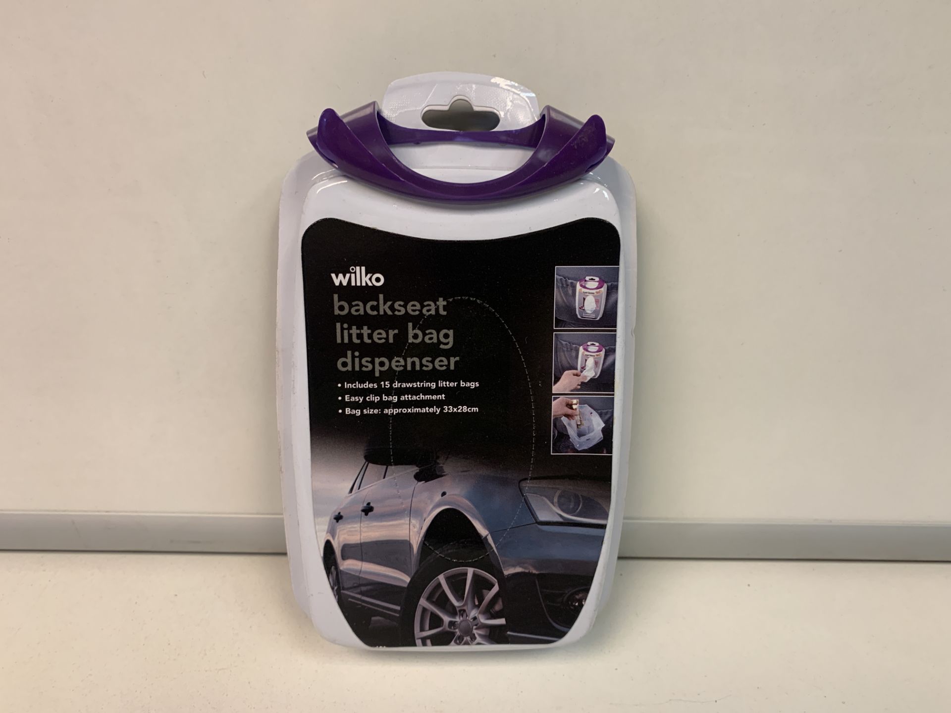 120 X NEW PACKAGED WILKO BACK SEAT LITTER BAG DISPENSERS. .EACH INCLUDES 15 DRAWSTRING LITTER