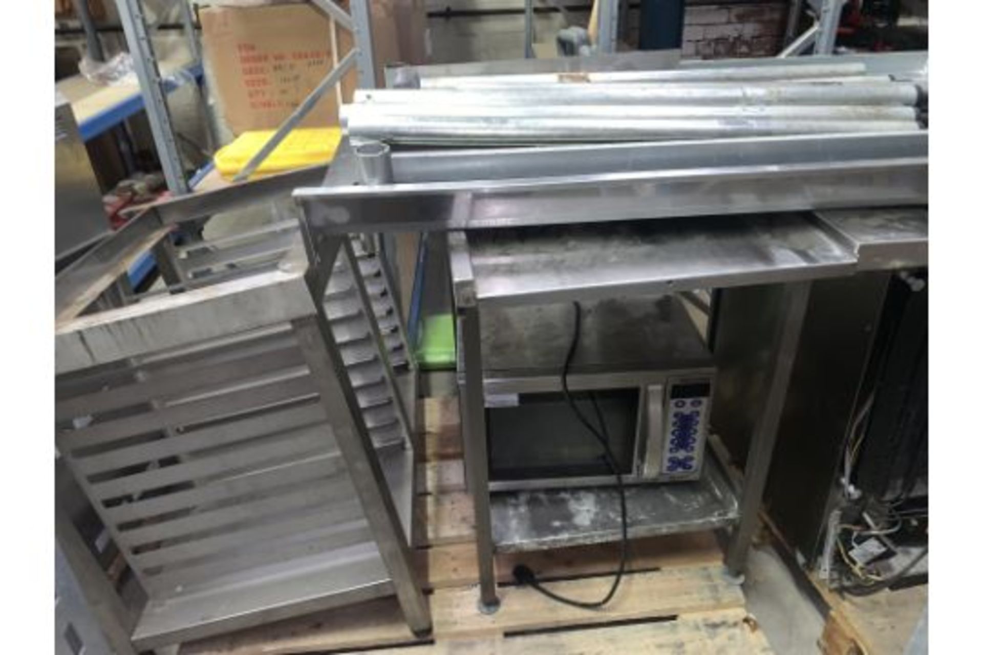 LOT CONTAINING STAINLESS STEE; TRAY HOLDER. STAINLESS STEEL PREP TABLE, MERRY CHEF MICROWAVE