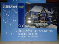 NEW BOXED 4 X BLUE & WHITE SNOWING ICICLE LIGHTS WITH ULTRA BRIGHT LED FITTED WITH SPEED