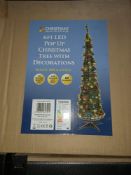 NEW BOXED 2 X 6FT LED POP UP CHRISTMAS TREE WITH DECORATIONS HEIGHT 180CM APPROX 60 WARM WHITE LEDS,