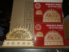 NEW BOXED 9 X WARM WHITE WOODEN LED FESTIVE SCENE BATTERY OPERATED (2xAA NOT INCLUDED) APPROX