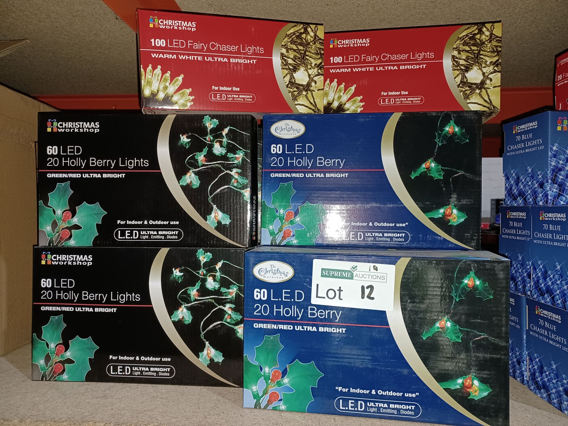 NEW BOXED 12 PIECE MIXED LOT OF CHRISTMAS LIGHTS INCLUDING LED FAIRY CHASER LIGHTS, 20 LED HOLLY