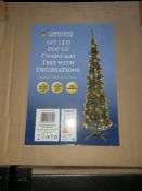 NEW BOXED 2 X 6FT LED POP UP CHRISTMAS TREE WITH DECORATIONS HEIGHT 180CM APPROX 60 WARM WHITE LEDS,