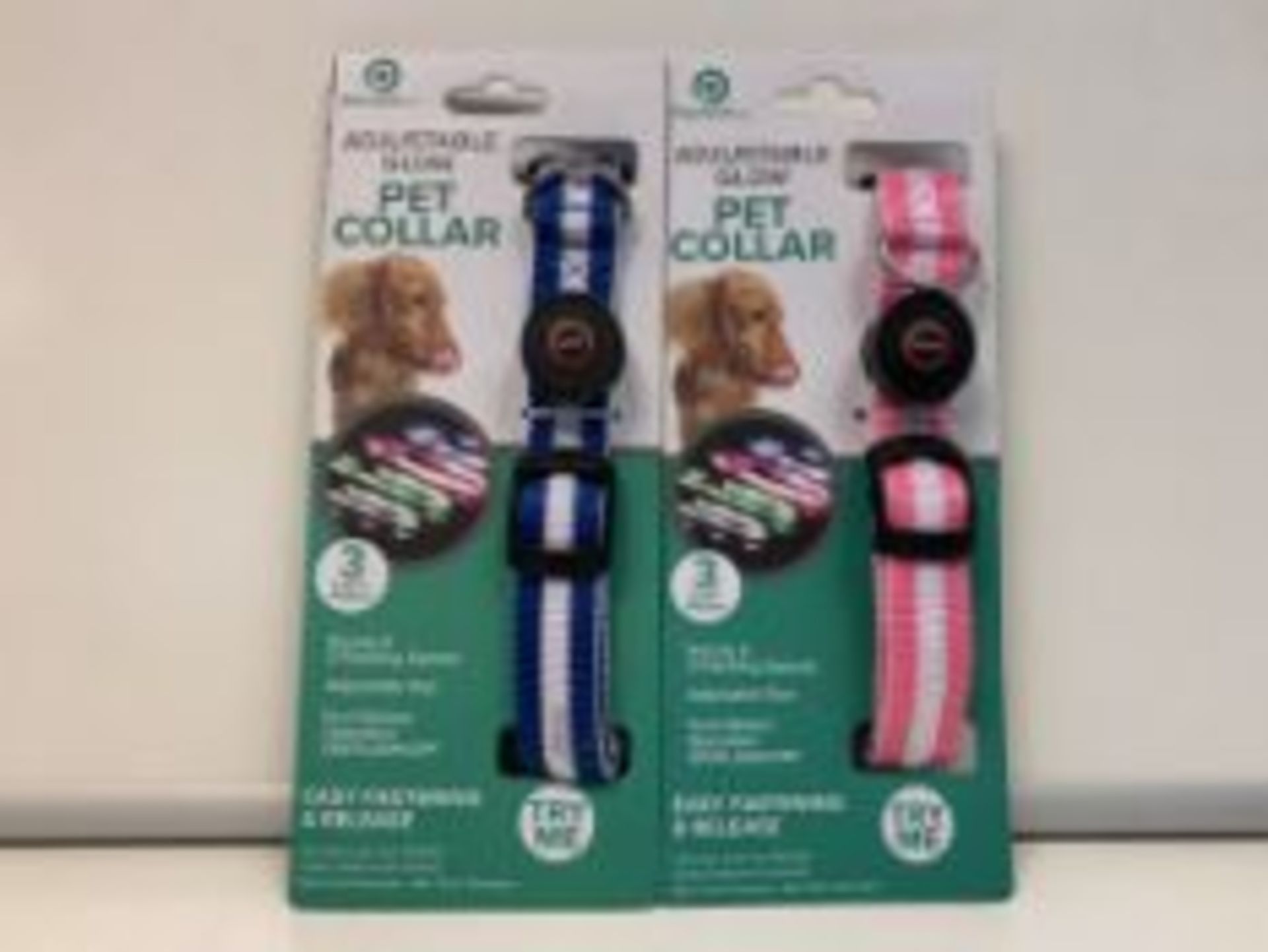 PALLET TO CONTAIN 180 X NEW PACKAGED POWERFULL ADJUSTABLE GLOW PET COLLARS. 3 LIGHT MODES. COLOURS