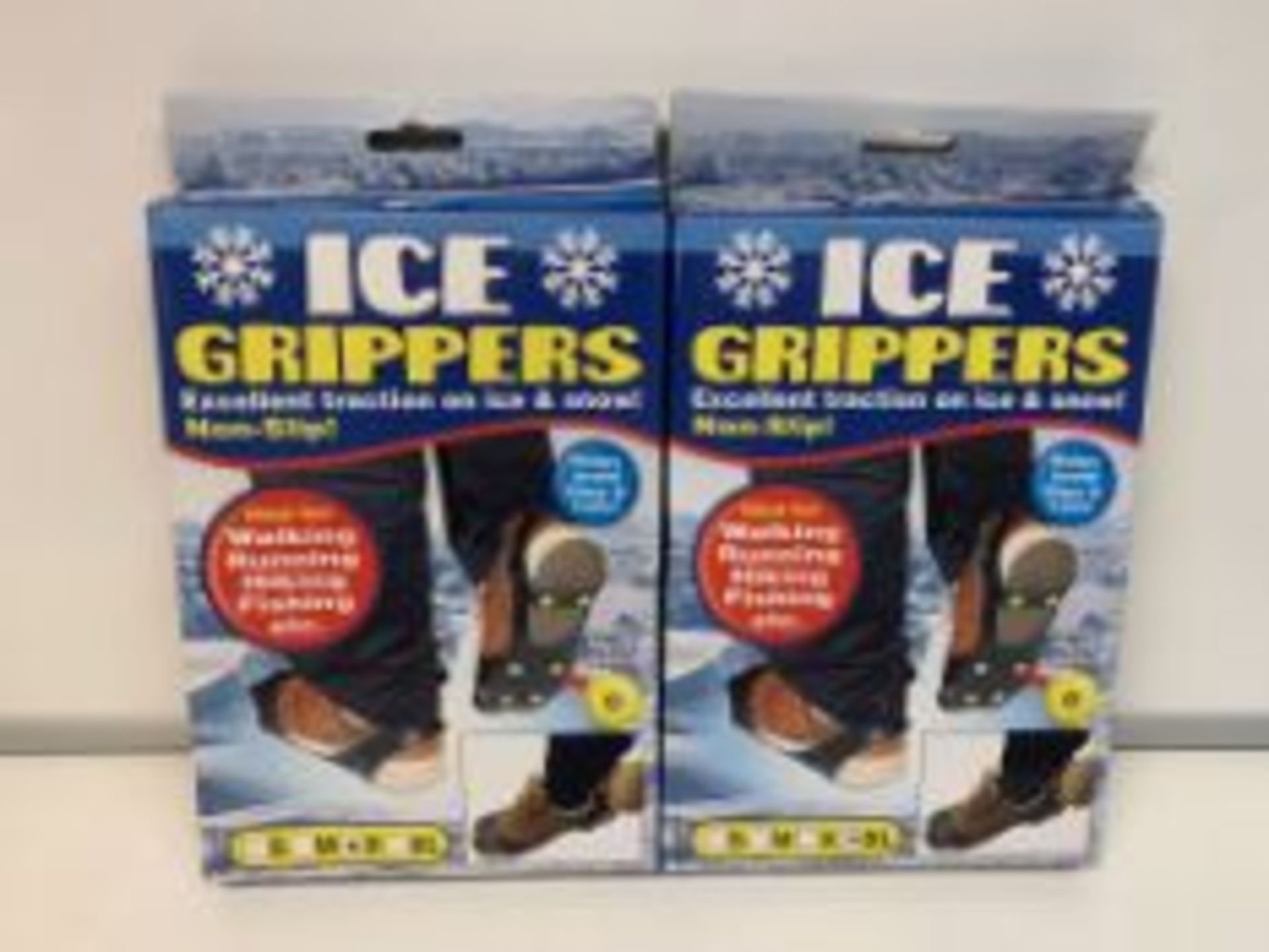 PALLET TO CONTAIN 240 X NEW BOXED PAIRS OF ICE GRIPPERS. NON-SLIP. METAL SPIKE. IDEAL FOR WALKING,