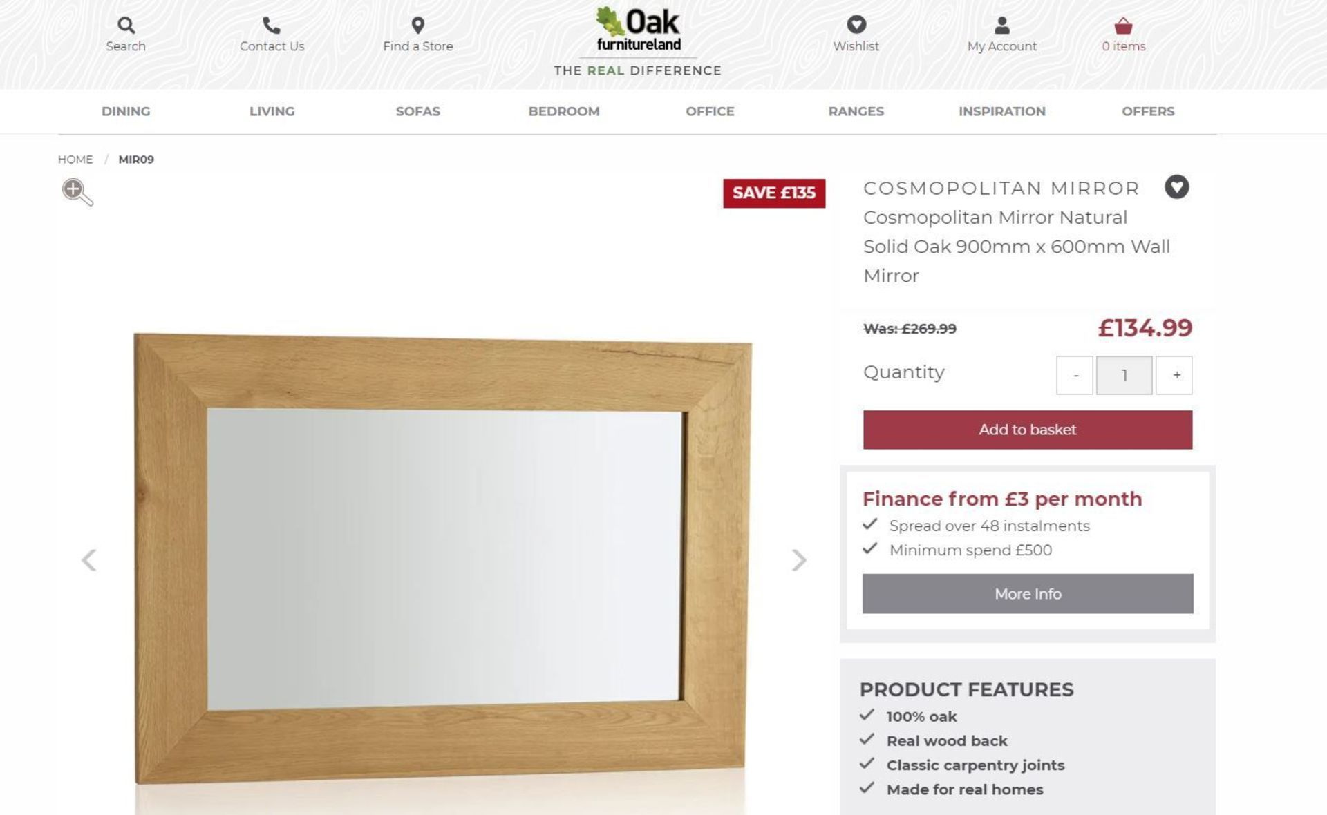 NEW BOXED Cosmopolitan Mirror Natural Solid Oak 900mm x 600mm Wall Mirror. RRP £269.99. 100% OAK,