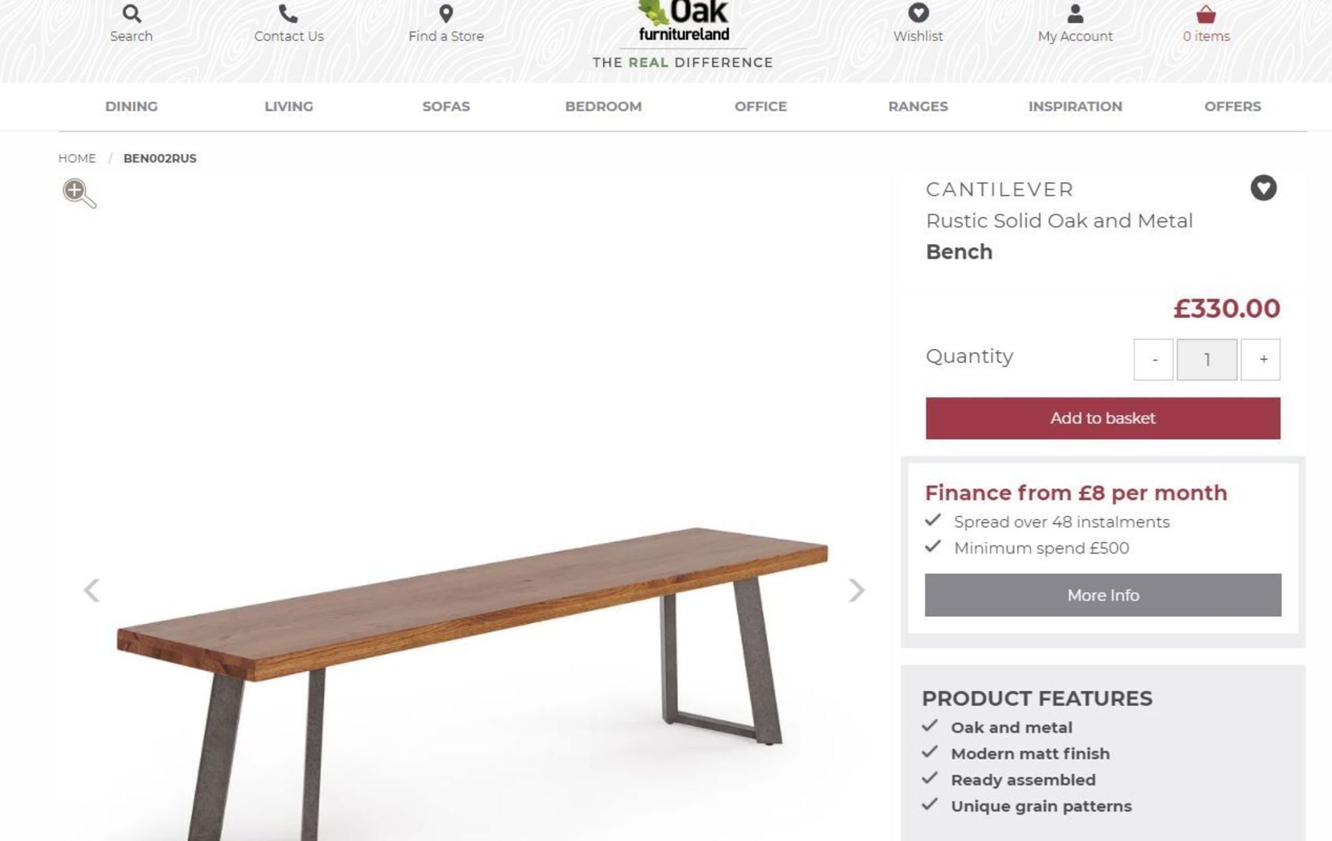 New Boxed - Cantilever Rustic Solid Oak Bench. 180cm Long. RRP £330. For a more open seating