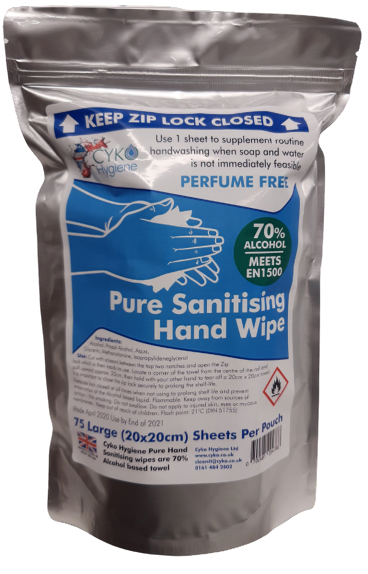 250 PACKS OF CYK HYGIENE PURE SANITISING HAND WIPES 70% ALCOHOL 20x20CM 75 PIECES PER PACK (