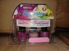 96 X BRAND NEW PACKS OF 3 NAIL NATION SUPERSTAR NAIL POLISH AND EMERY BOARD PACKS R8