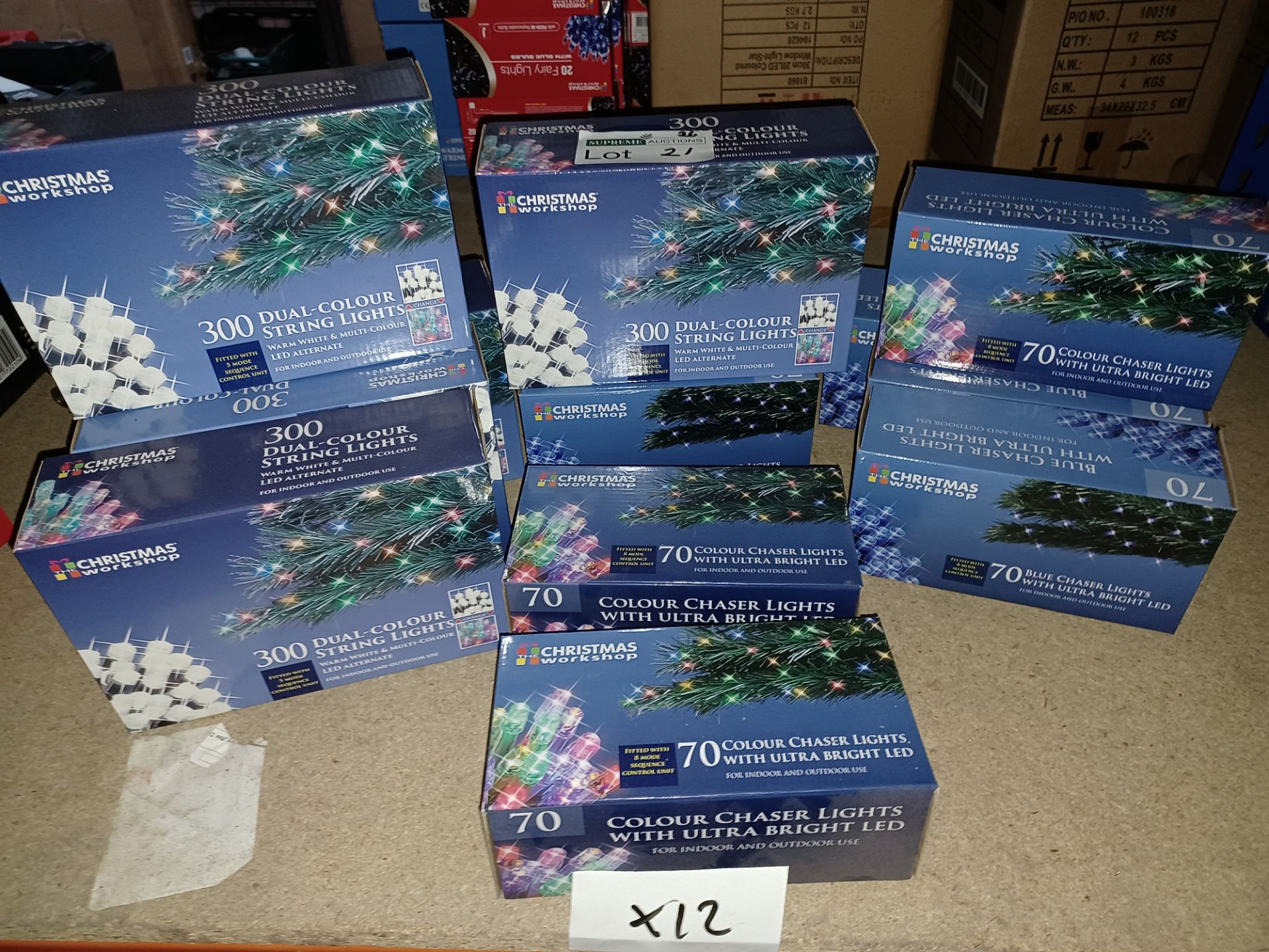 NEW BOXED 12 X MIXED CHRISTMAS LOT, INCLUDING DUAL COLOUR STRING LIGHTS, COLOUR CHASHER LED ULTRA