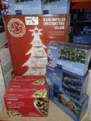 NEW BOXED 10 X MIXED CHRISTMAS LOT, INCLUDING WARM WHITE LED CHRISTMAS TREE VILLAGE, LED BERRY