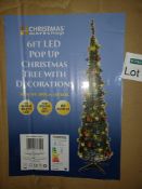 NEW BOXED GREEN 6FT LED POP UP CHRISTMAS TREE WITH DECORATIONS 60 LEDS, 60 BAUBLES - PCK