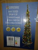 NEW BOXED WHITE 6FT LED POP UP CHRISTMAS TREE WITH DECORATIONS 60 LEDS, 60 BAUBLES - PCK