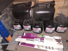 9 X BRAND NEW 5L FUEL CANS AND 2 DOG GUARD EXTENSIONS INSL
