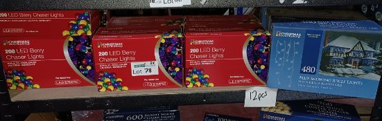 NEW BOXED 12 X MIXED CHRISTMAS LOT, INCLUDING LED BERRY CHASER LIGHTS, BLUE SNOWING ICICLE ULTRA