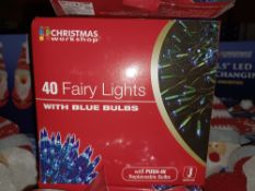 15 X NEW BOXED FAIRY LIGHTS WITH BLUE BULBS APPROX 6M TOTAL WIRE LENGTH - PCK