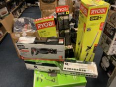 MIXED LOT INCLUDING LAWNMOWER, TRIMMERS, SAW ETC (UNCHECKED, UNTESTED) EBR