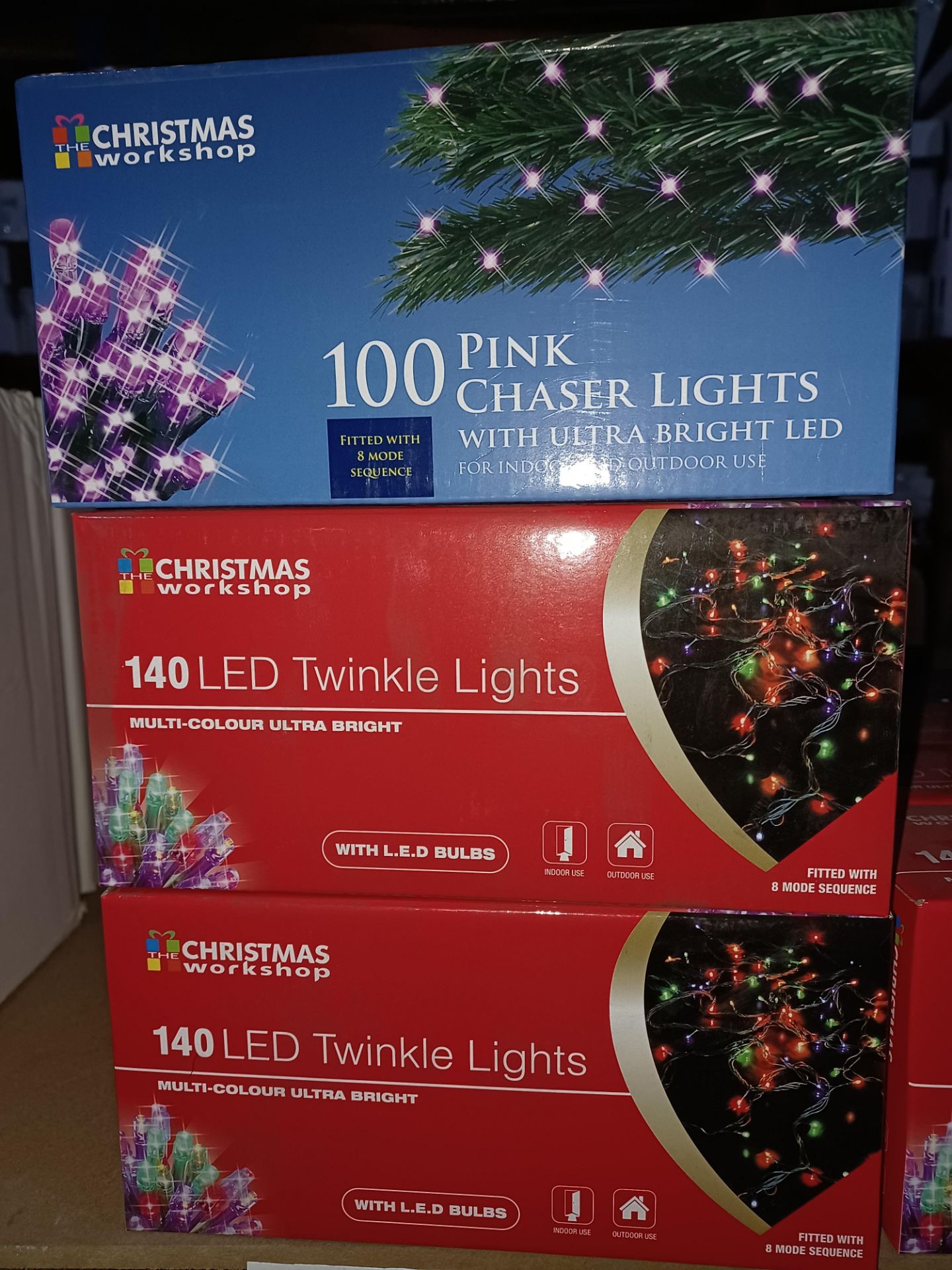 NEW BOXED 12 X MIXED CHRISTMAS LOT, INCLUDING PINK ULTRA BRIGHT LED CHASER LIGHTS, LED TWINKLE