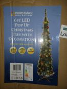 NEW BOXED GREEN 6FT LED POP UP CHRISTMAS TREE WITH DECORATIONS 60 LEDS, 60 BAUBLES - PCK