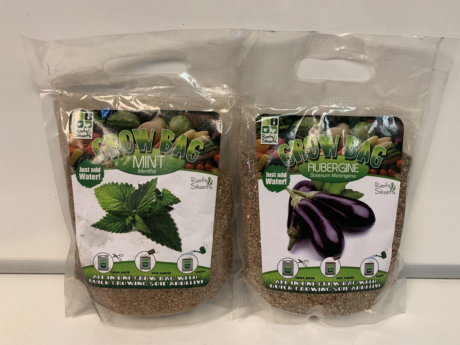 60 X NEW PACKAGED ROOTS & SHOOTS GROW BAGS IN ASSORTED TYPES. JUST ADD WATER! RRP £5.99 EACH. (