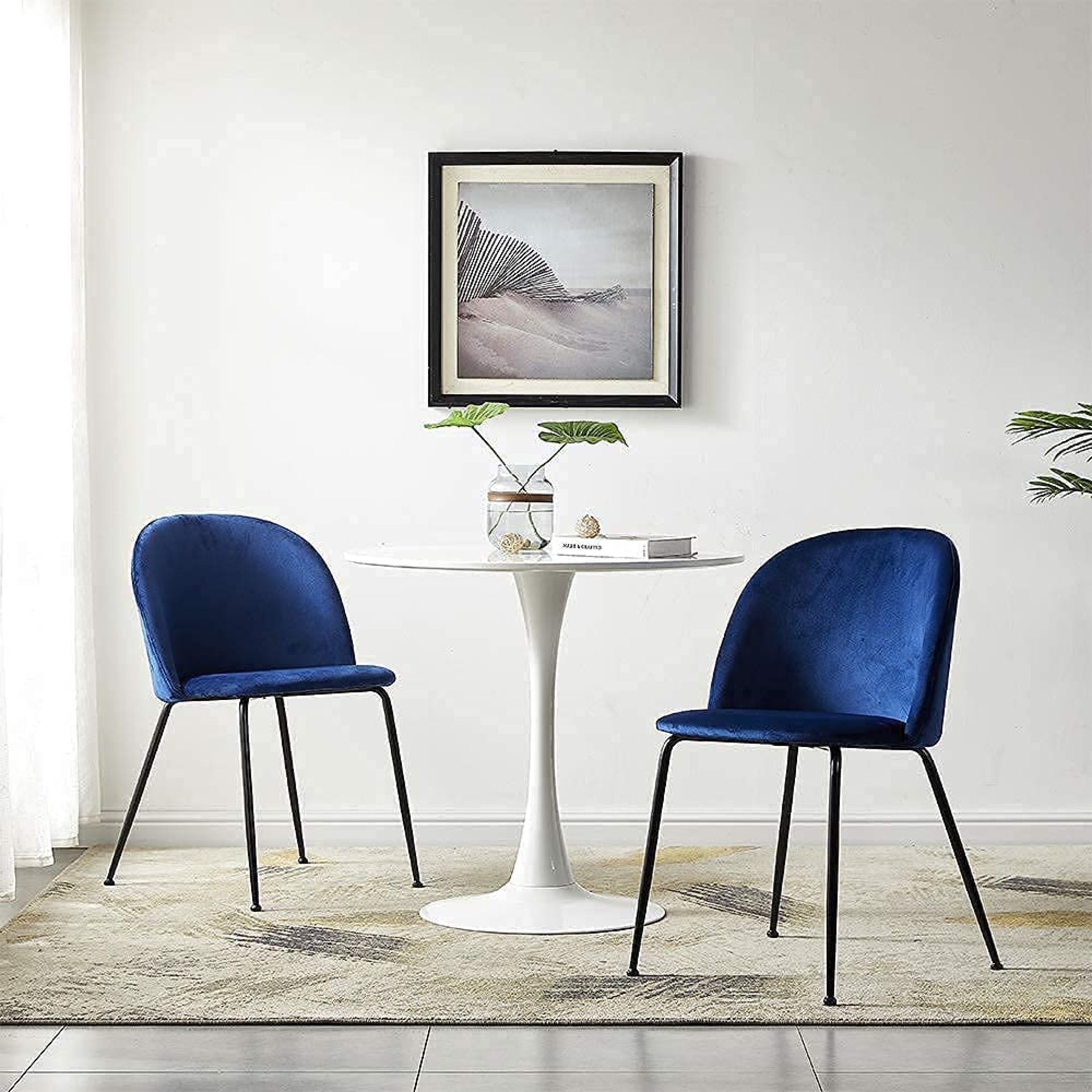 New Boxed - LeChamp Set of 2 Blue Velvet Dining Chairs with Glossy Metal Legs Accent Vintage