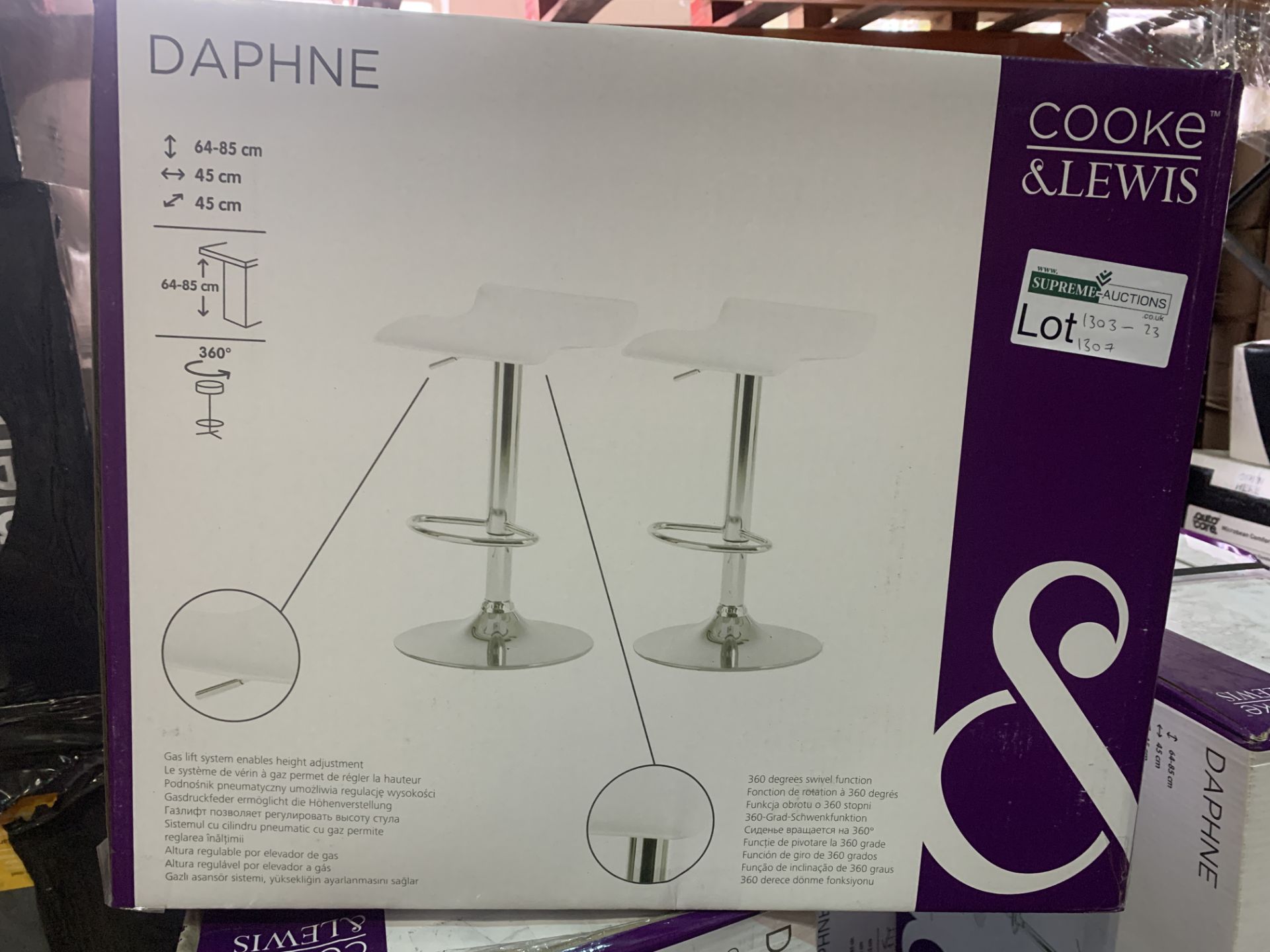 2 X BRAND NEW COOKE AND LEWIS WHITE DAPHNE HEIGHT ADJUSTABLE 360 SWIVEL BAR STOOLS R15