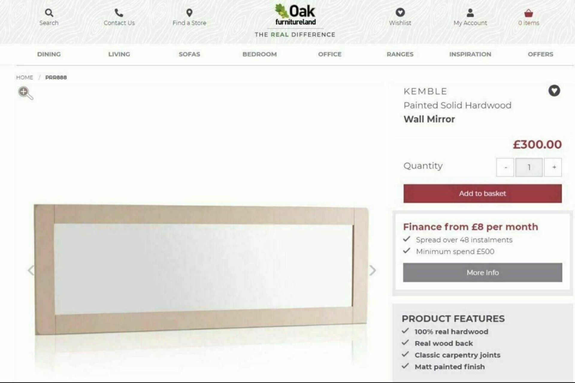 NEW BOXED KEMBLE RUSTIC SOLID OAK & PAINTED WALL MIRROR. 1800x600MM. RRP £300 EACH. 100% OAK, REAL
