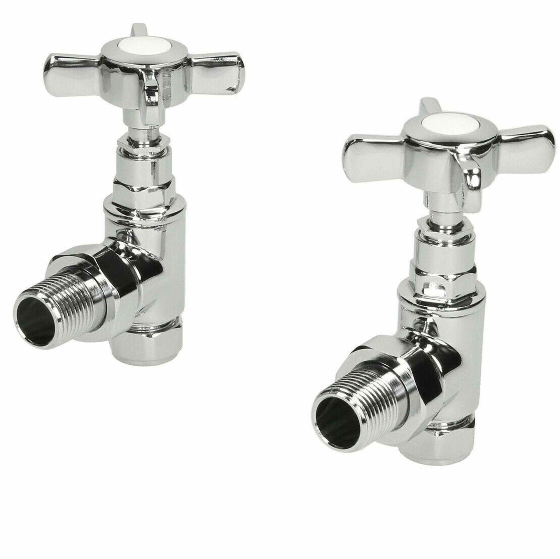 New & Boxed Traditional Angled Heated Towel Rail Radiator Valves Cross Head Pair 15mm Manual. For