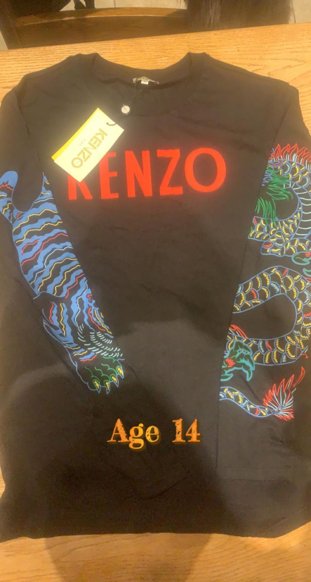 KENZO LONG SLEEVE DRAGON PRINT BLACL TOP AGE 14 BRAND NEW WITH TAGS