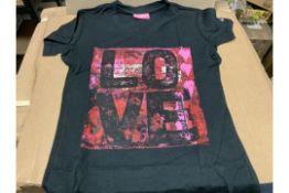 20 X BRAND NEW WOMENS ALTOF & LYALL VEE NECK SPREAD LOVE T SHIRTS IN BLACK AND GREY VARIOUS SIZES