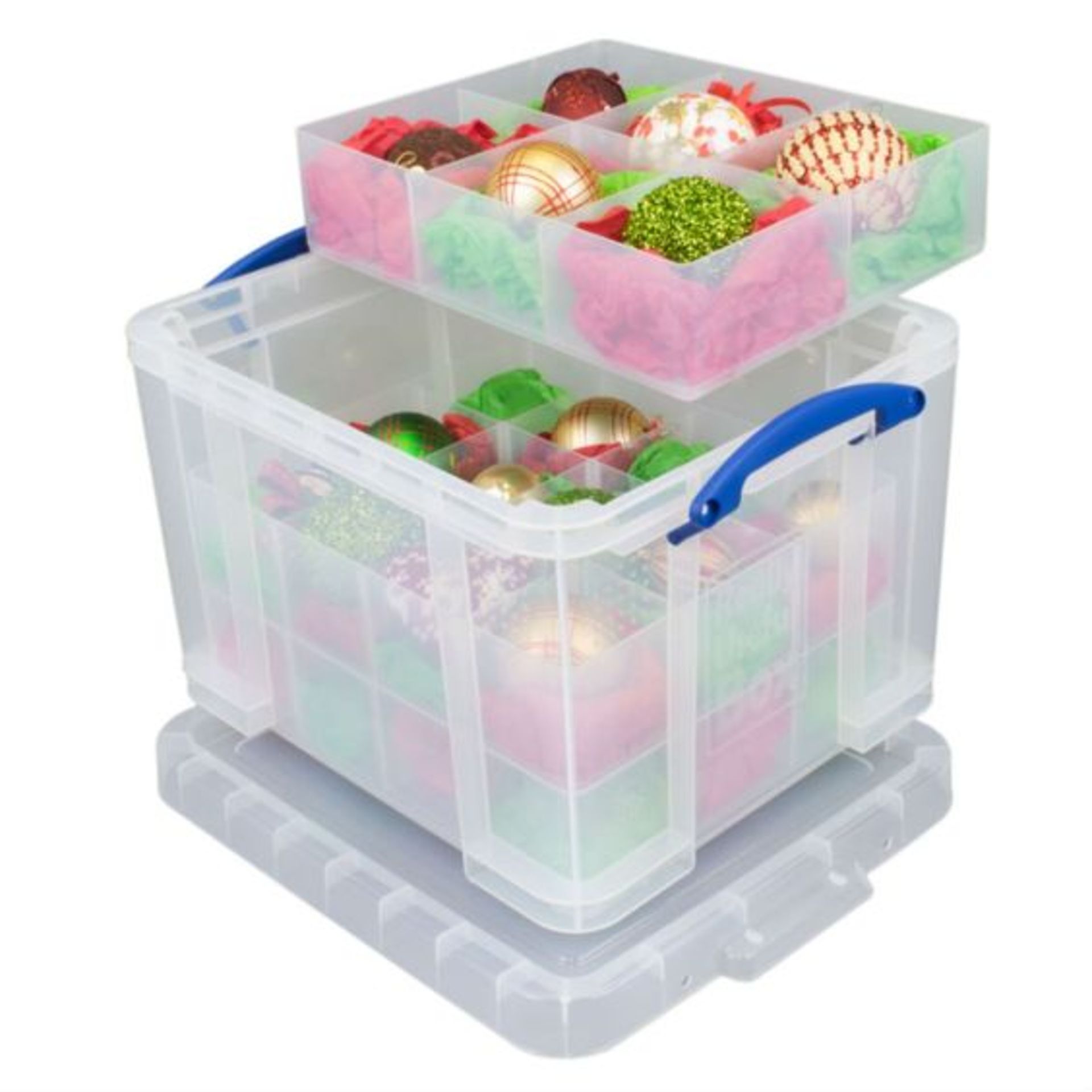 5 X NEW Really Useful 35L Stackable Bauble Storage Box With Two Shelves - Clear. (ROW10)RRP £29.99