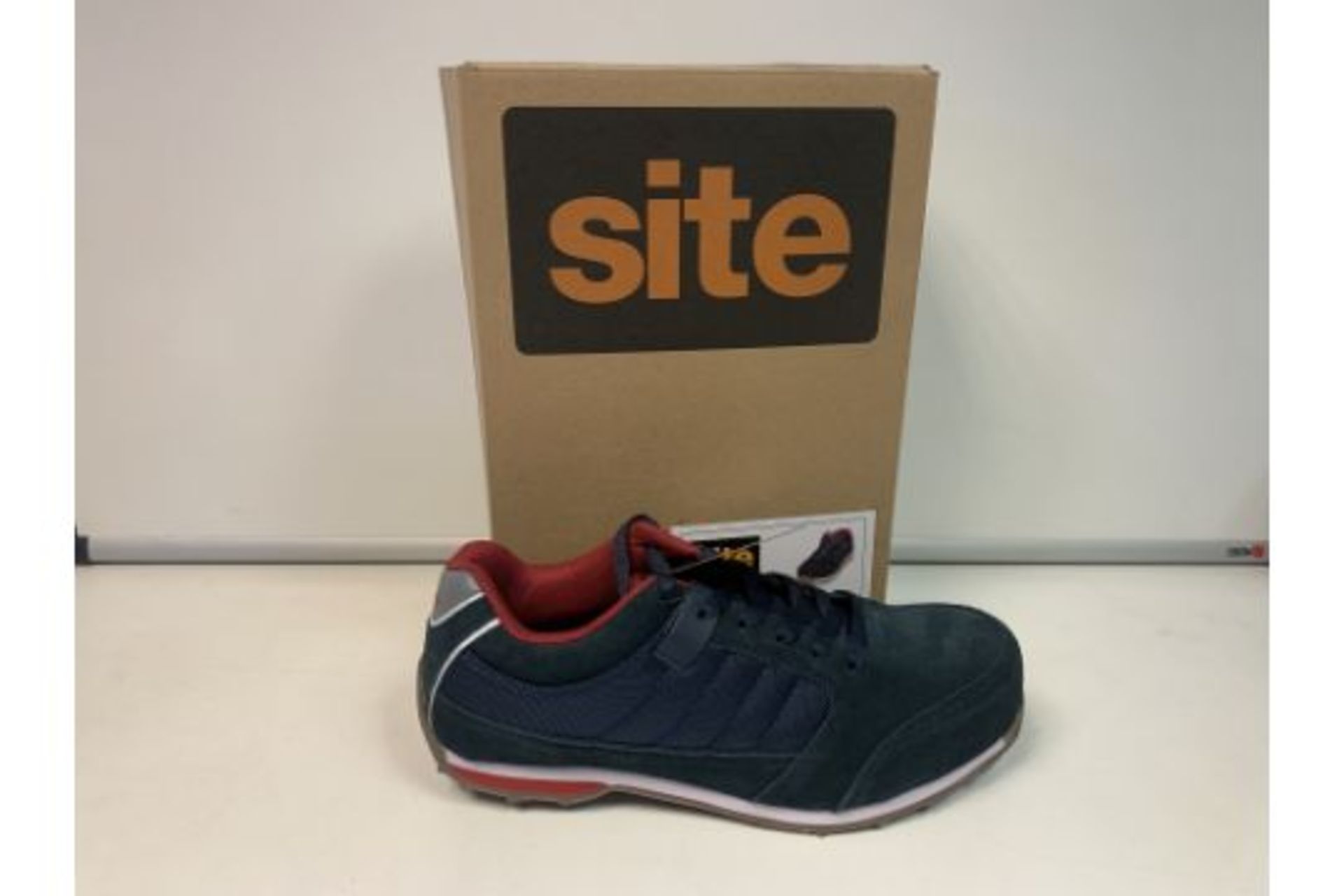 4 X NEW BOXED PAIRS OF STRETA SAFETY TRAINERS NAVY. SIZE 10. (ROW8) Suede leather and mesh upper.