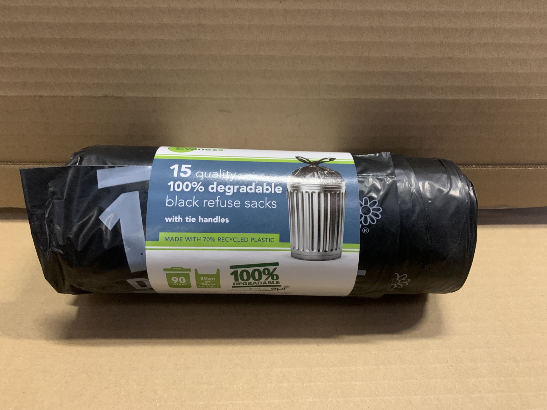96 X BRAND NEW ROLLS OF 15 QUALITY 100% DEGRADEABLE BLACK REFUSE SACKS WITH HANDLES 90L S1