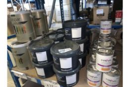 34 PIECE MIXED PAINT LOT INCLUDING COLOURS VARNISH, BRILLIANT WHITE SOFT SHEEN, VALSAR PAINT AND
