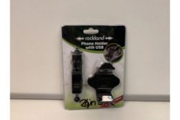 72 X NEW PACKAGED ROCKLAND PHONE HOLDER WITH USB. FOR QUICK EFFICIENT CHARGING. (ROW5)